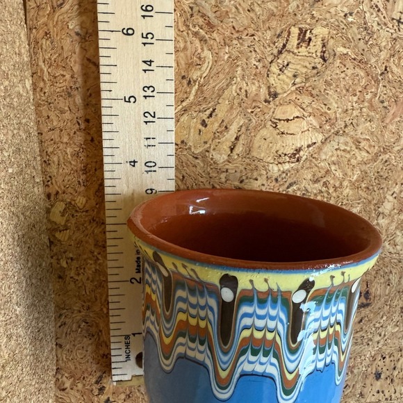Vintage Bulgarian Troyan Pottery Cup Handcrafted Marbled Folk Art Ceramic Blue - Picture 11 of 12